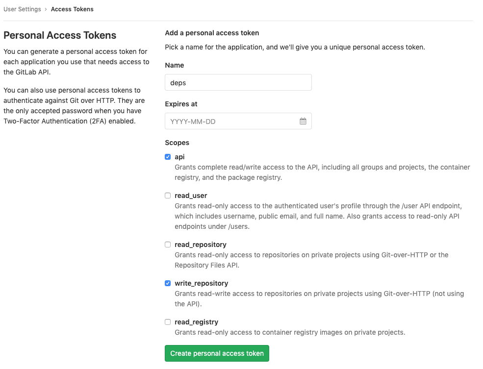 GitLab personal access token settings for deps
